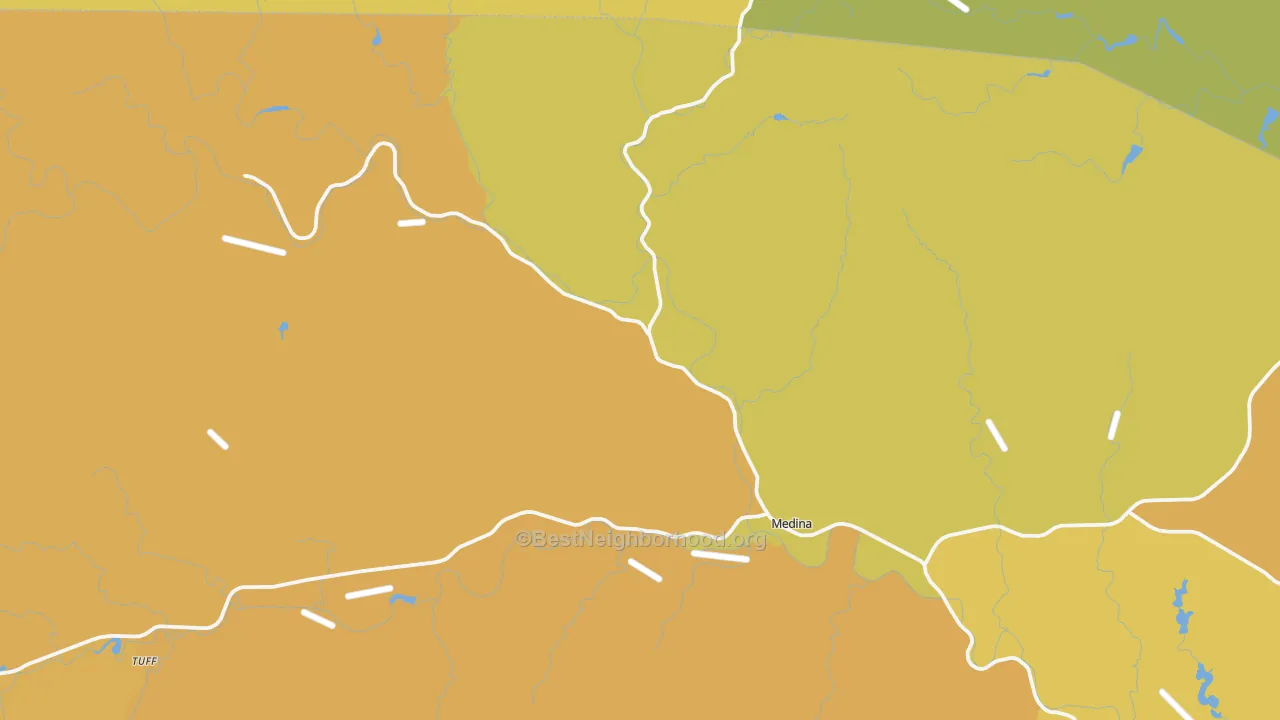 Map of the best neighborhoods in the 78055 area, with better matches in green and worse matches in red