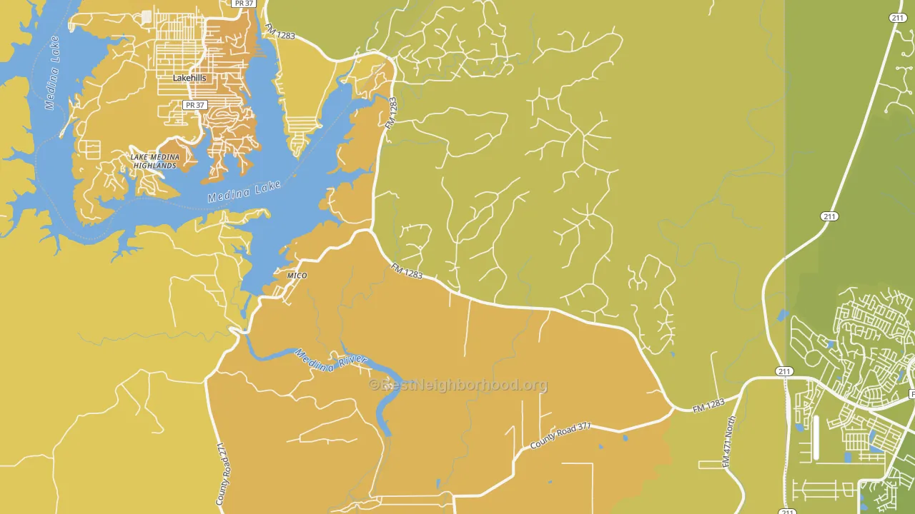 Map of the best neighborhoods in the 78056 area, with better matches in green and worse matches in red