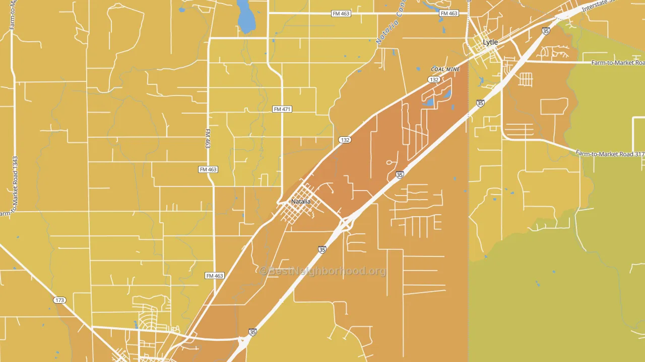 Map of the best neighborhoods in the 78059 area, with better matches in green and worse matches in red