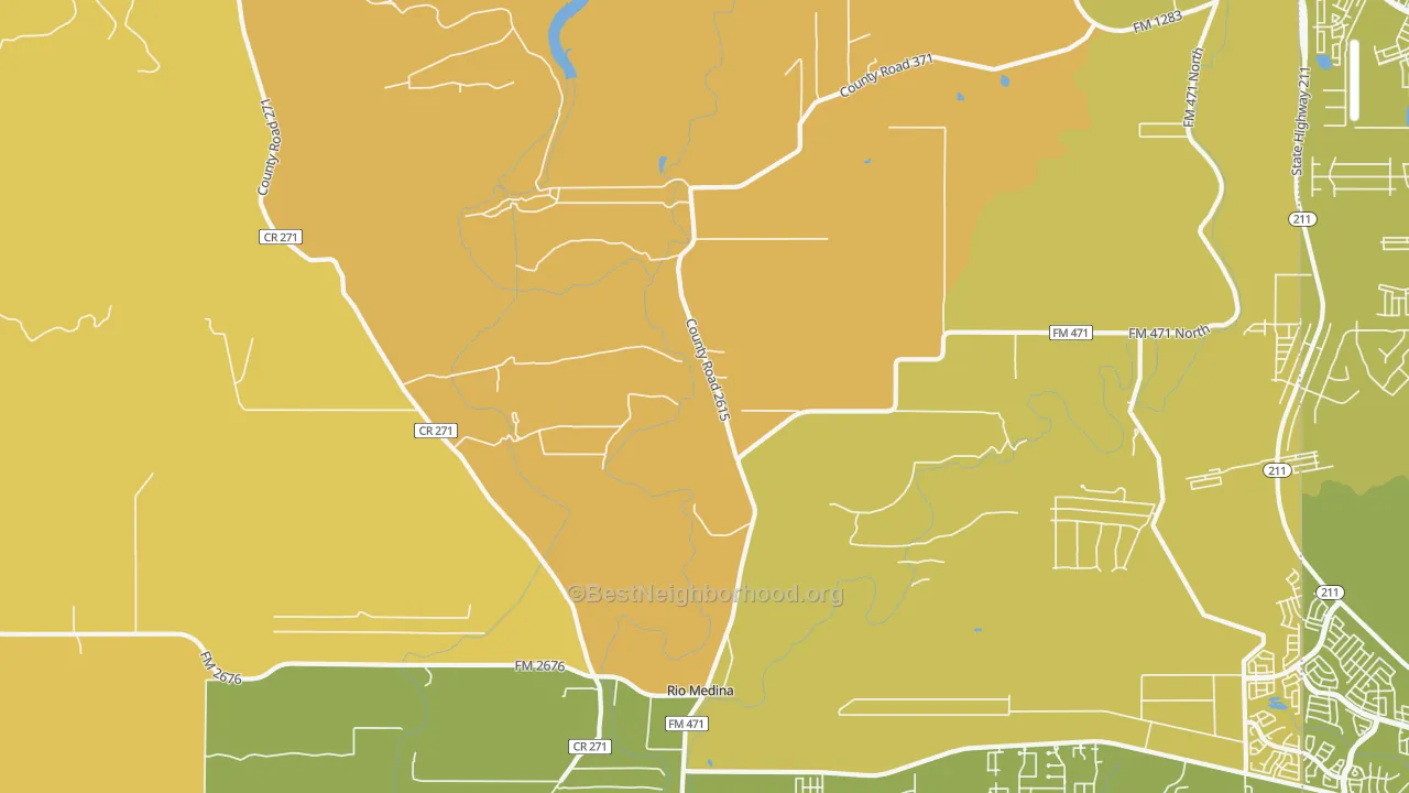 Map of the best neighborhoods in the 78066 area, with better matches in green and worse matches in red