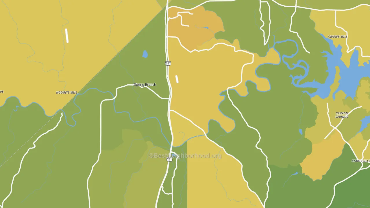 Map of the best neighborhoods in the 78070 area, with better matches in green and worse matches in red