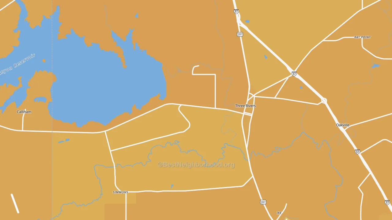 Map of the best neighborhoods in the 78071 area, with better matches in green and worse matches in red
