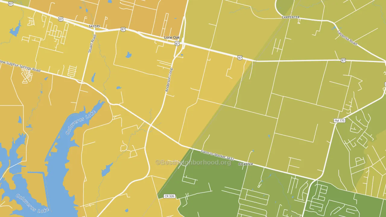 Map of the best neighborhoods in the 78101 area, with better matches in green and worse matches in red