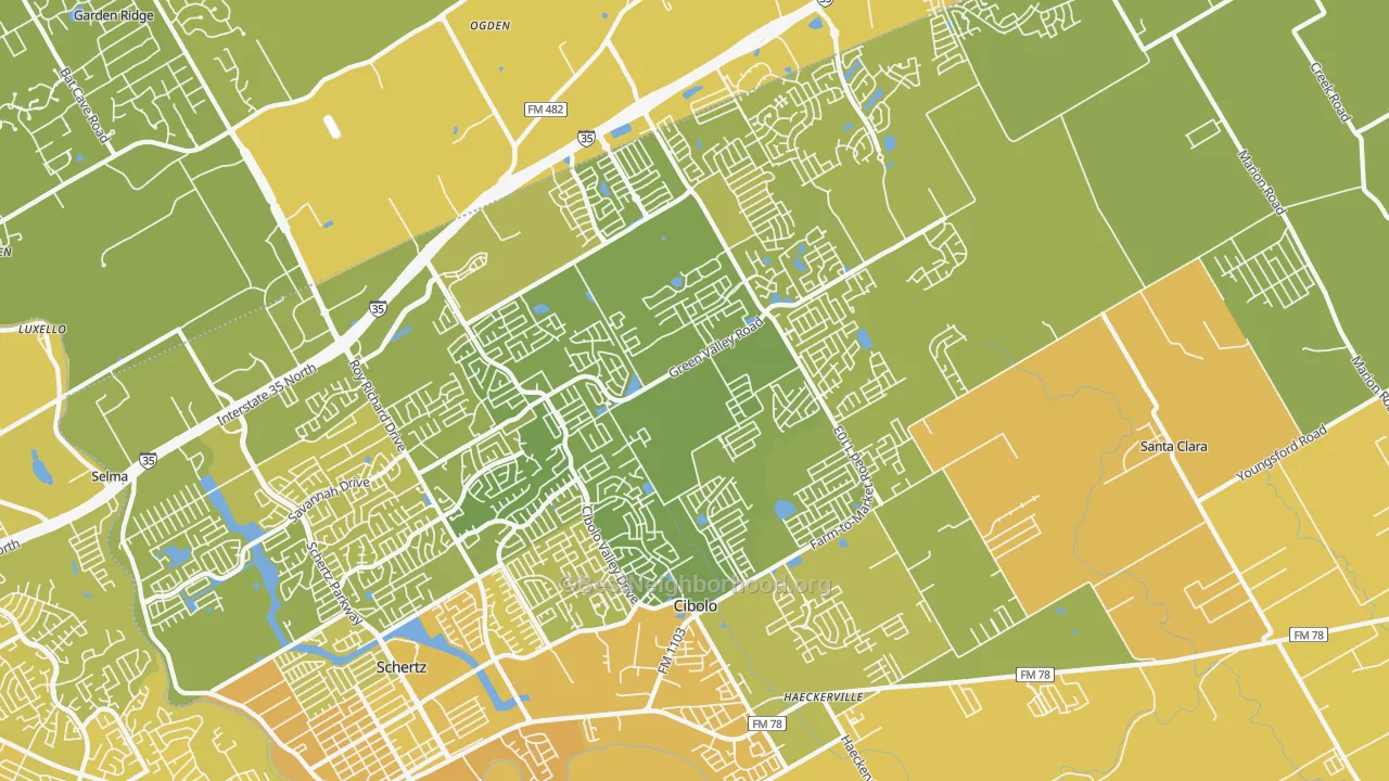 Map of the best neighborhoods in the 78108 area, with better matches in green and worse matches in red