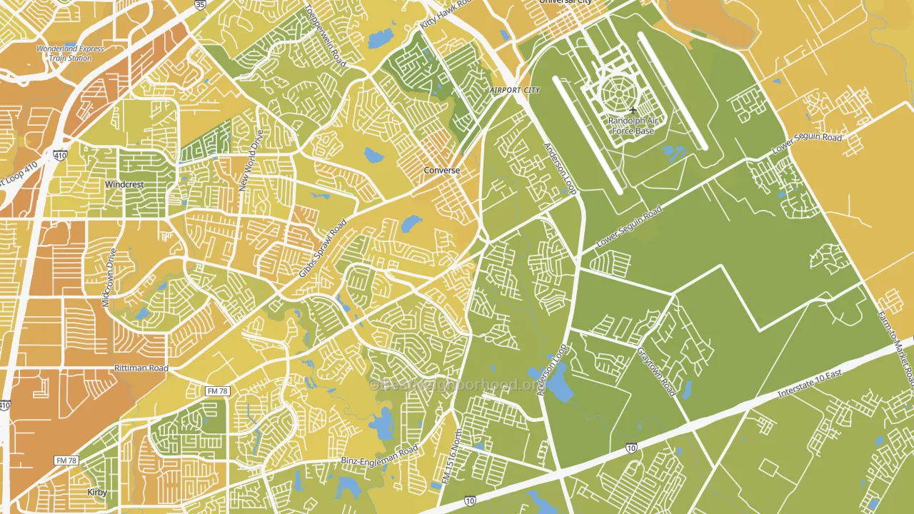Map of the best neighborhoods in the 78109 area, with better matches in green and worse matches in red