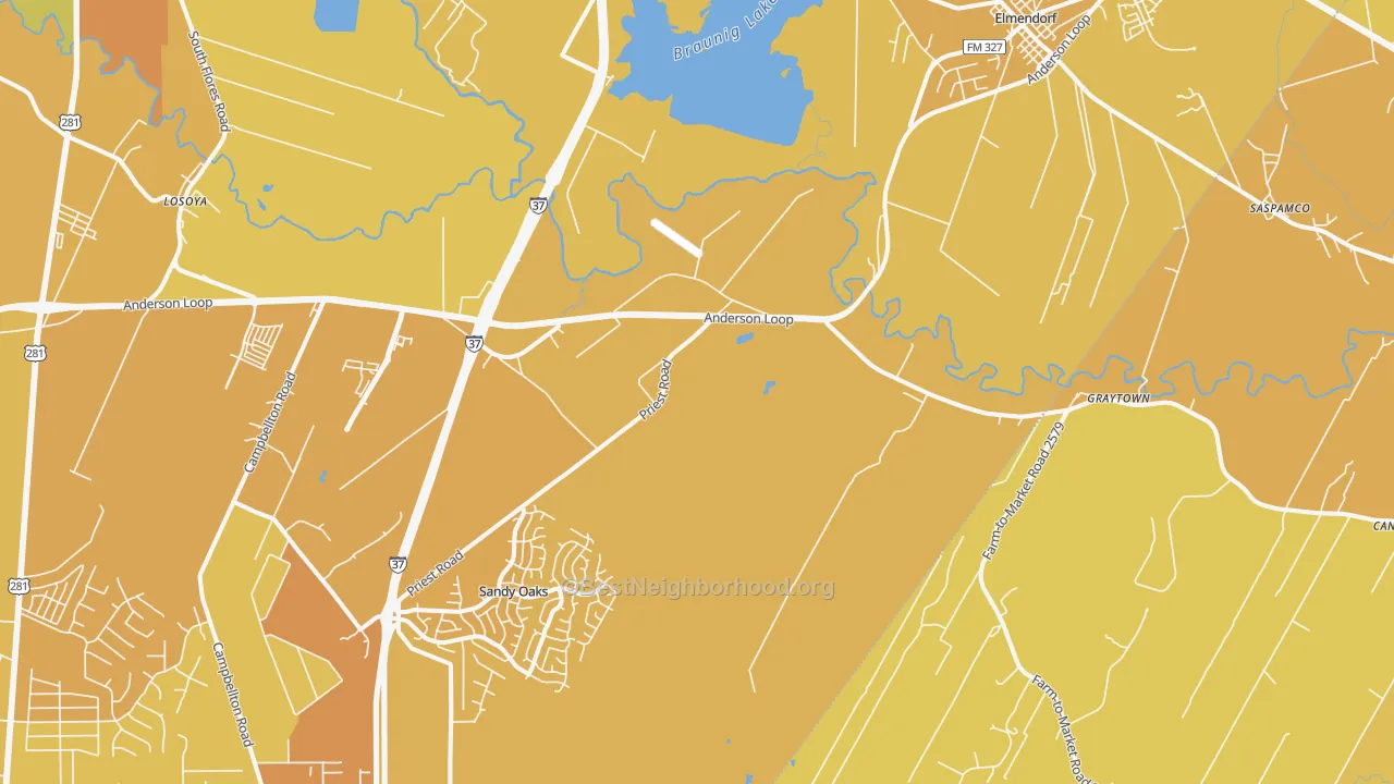 Map of the best neighborhoods in the 78112 area, with better matches in green and worse matches in red
