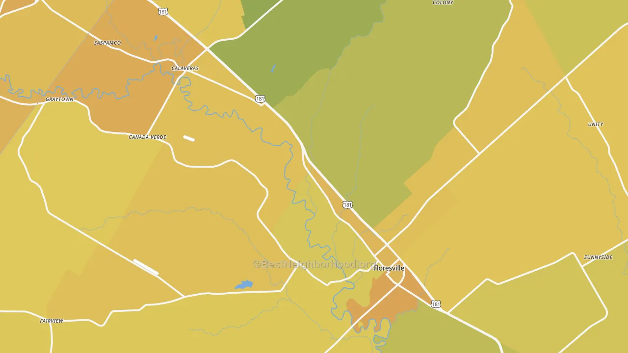 Map of the best neighborhoods in the 78114 area, with better matches in green and worse matches in red