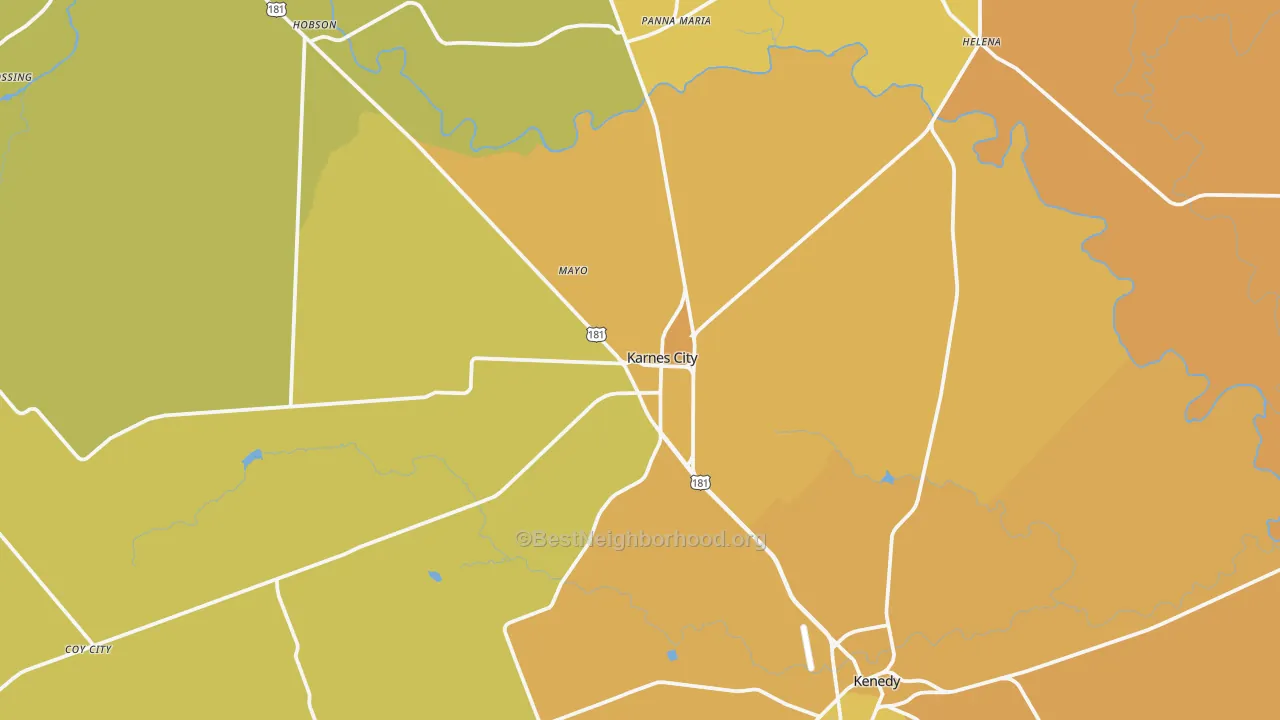 Map of the best neighborhoods in the 78118 area, with better matches in green and worse matches in red