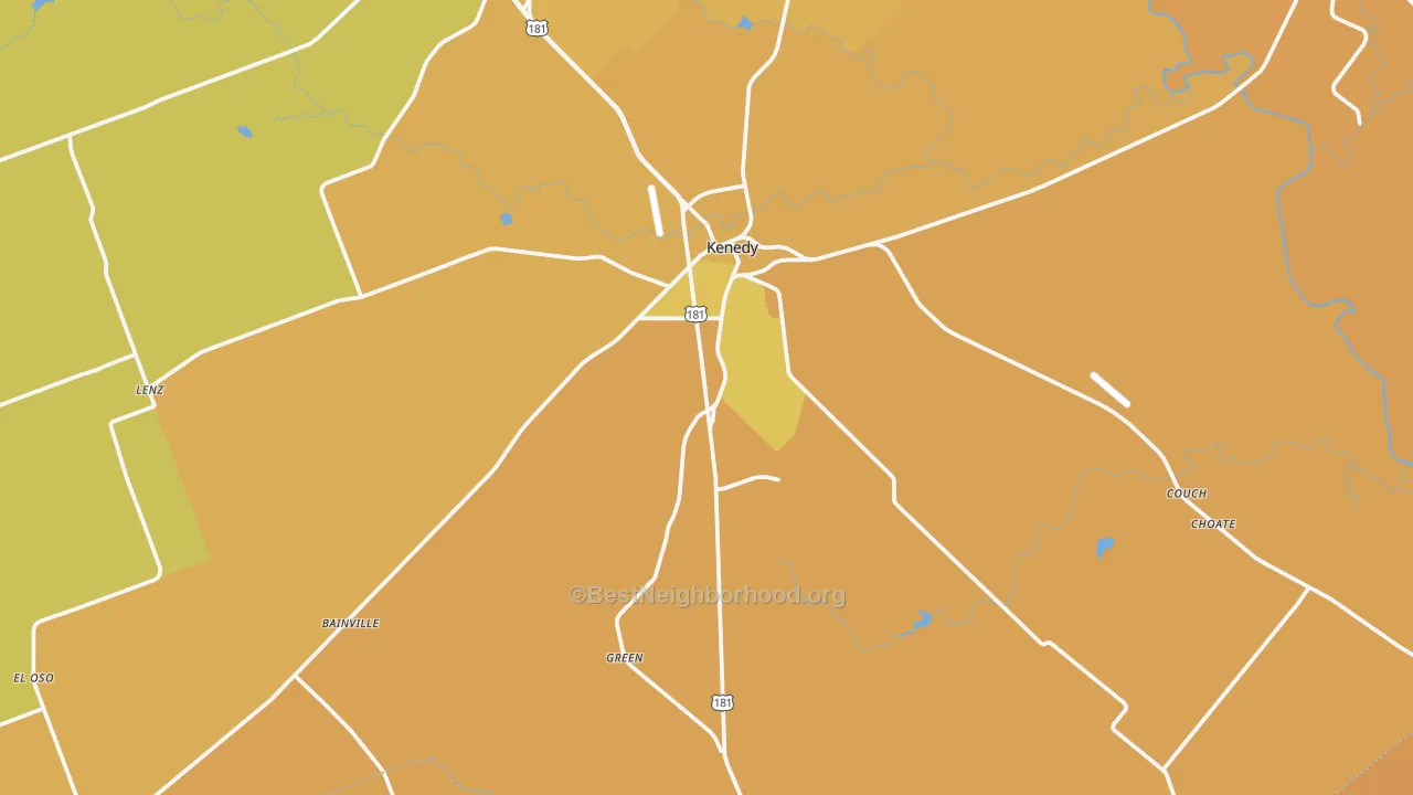 Map of the best neighborhoods in the 78119 area, with better matches in green and worse matches in red