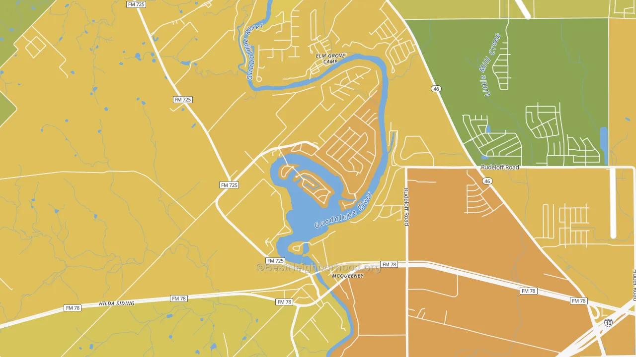 Map of the best neighborhoods in the 78123 area, with better matches in green and worse matches in red