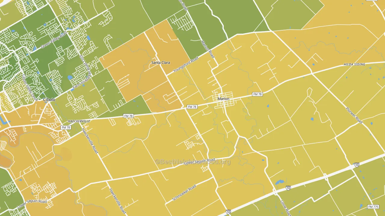 Map of the best neighborhoods in the 78124 area, with better matches in green and worse matches in red