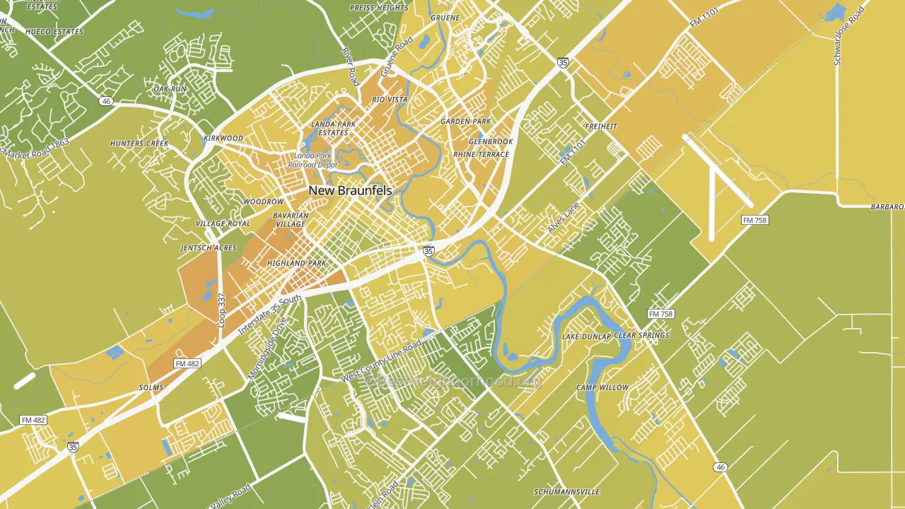 Map of the best neighborhoods in the 78130 area, with better matches in green and worse matches in red