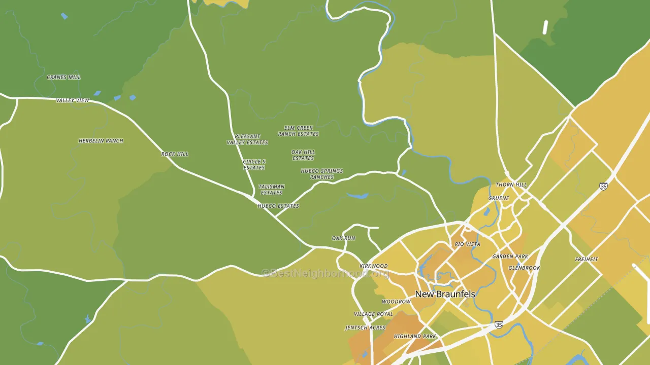 Map of the best neighborhoods in the 78132 area, with better matches in green and worse matches in red