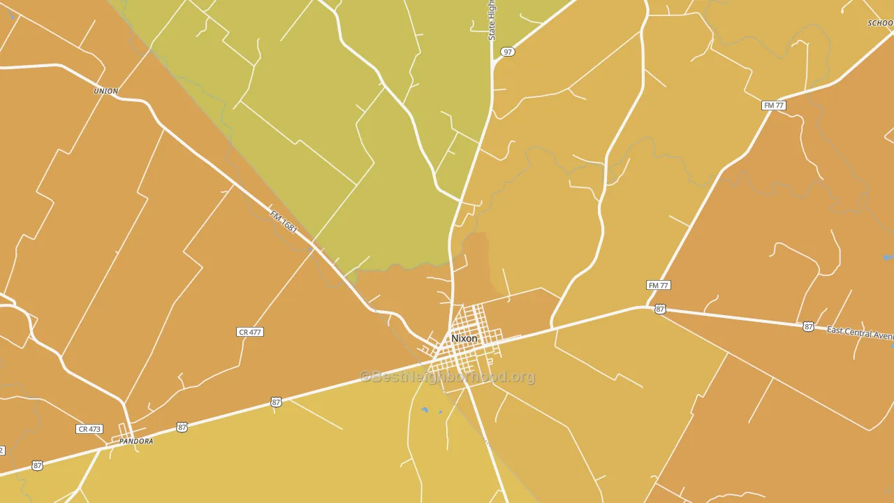 Map of the best neighborhoods in the 78140 area, with better matches in green and worse matches in red