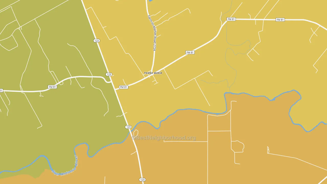 Map of the best neighborhoods in the 78144 area, with better matches in green and worse matches in red
