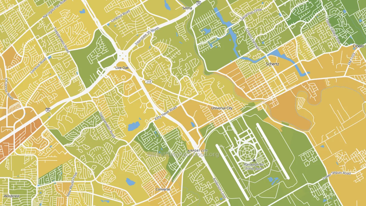 Map of the best neighborhoods in the 78148 area, with better matches in green and worse matches in red