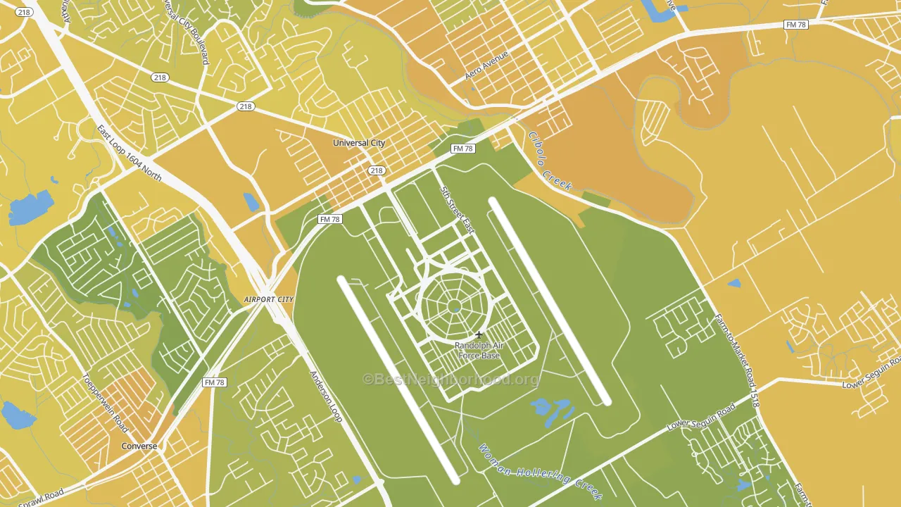 Map of the best neighborhoods in the 78150 area, with better matches in green and worse matches in red