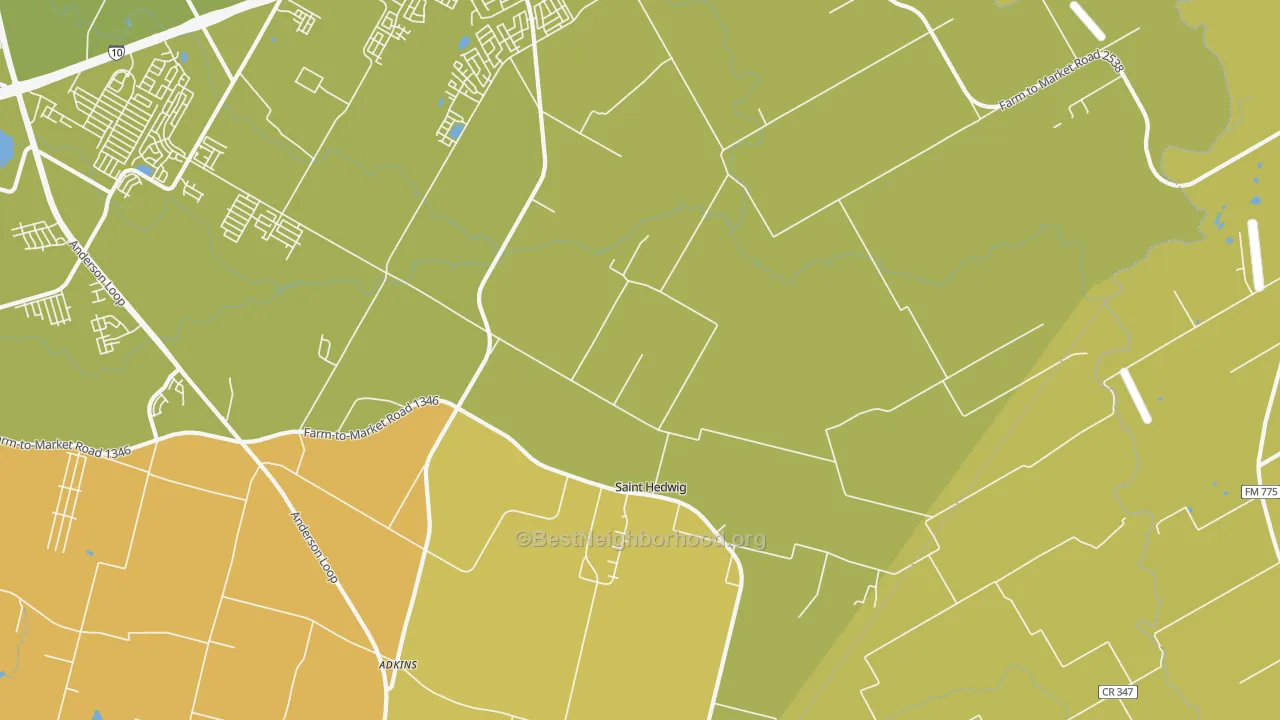 Map of the best neighborhoods in the 78152 area, with better matches in green and worse matches in red