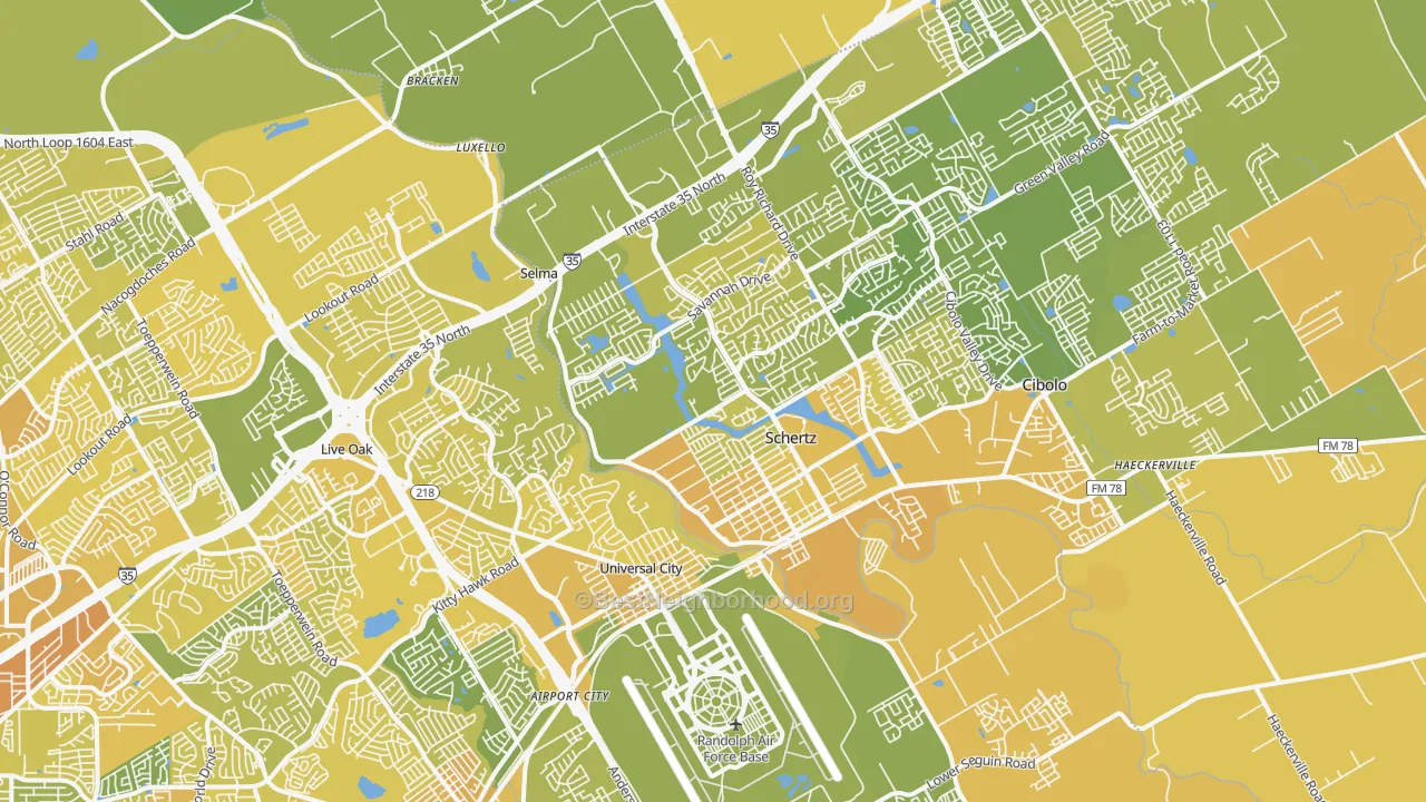 Map of the best neighborhoods in the 78154 area, with better matches in green and worse matches in red