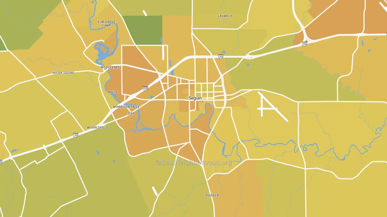 Map of the best neighborhoods in the 78155 area, with better matches in green and worse matches in red