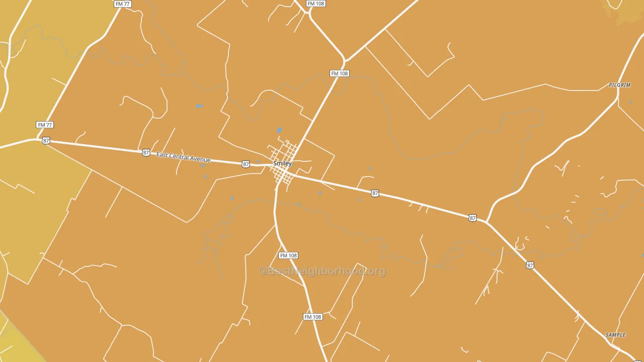 Map of the best neighborhoods in the 78159 area, with better matches in green and worse matches in red
