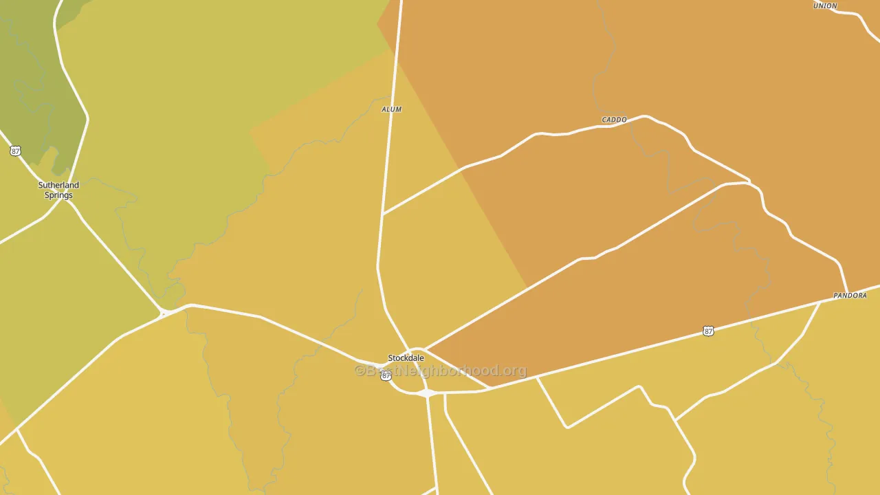 Map of the best neighborhoods in the 78160 area, with better matches in green and worse matches in red