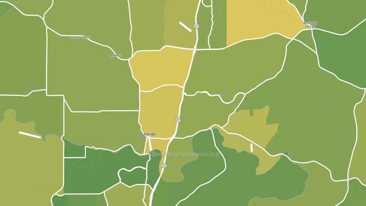 Map of the best neighborhoods in the 78163 area, with better matches in green and worse matches in red