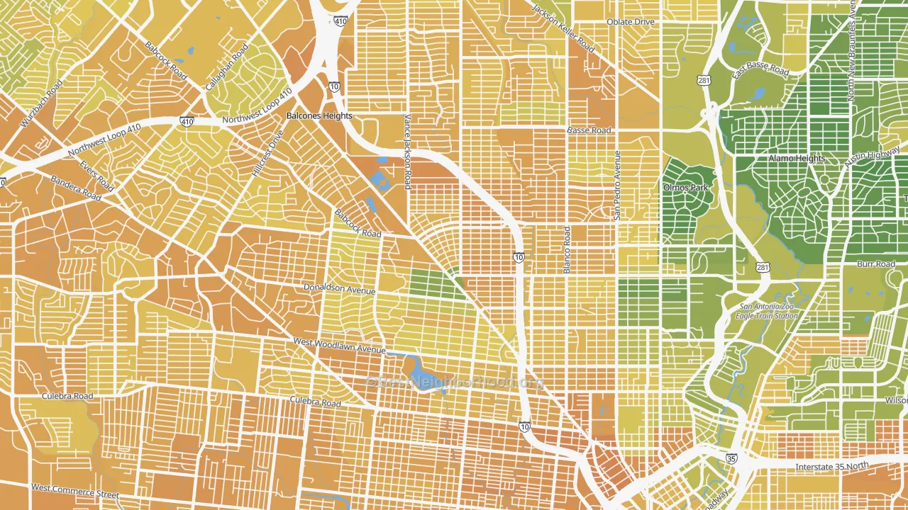 Map of the best neighborhoods in the 78201 area, with better matches in green and worse matches in red