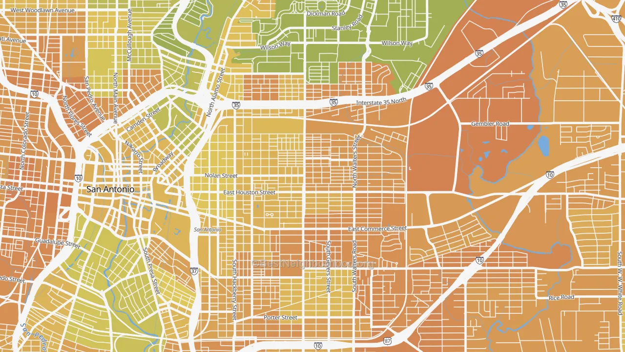 Map of the best neighborhoods in the 78202 area, with better matches in green and worse matches in red
