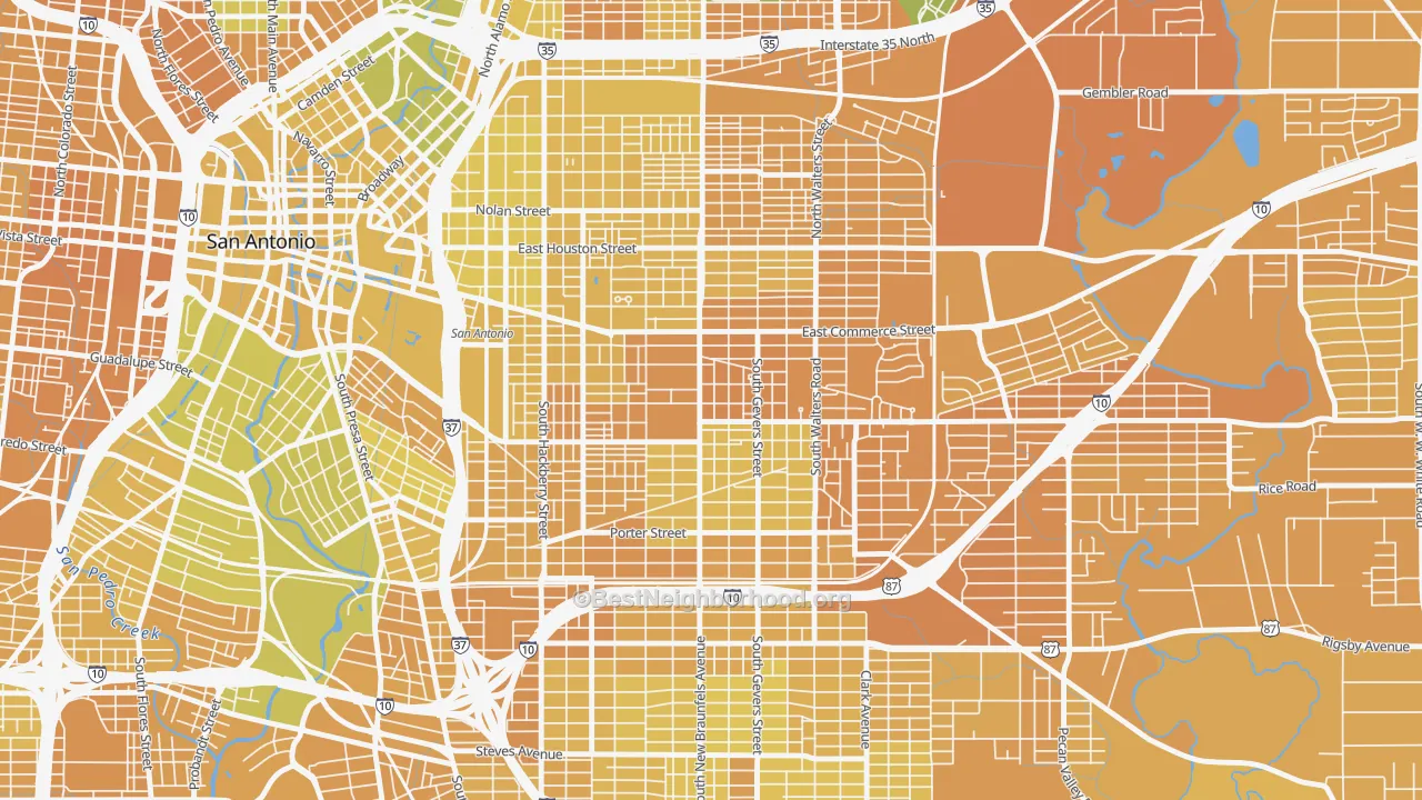 Map of the best neighborhoods in the 78203 area, with better matches in green and worse matches in red