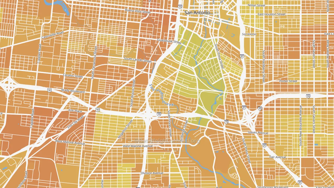 Map of the best neighborhoods in the 78204 area, with better matches in green and worse matches in red
