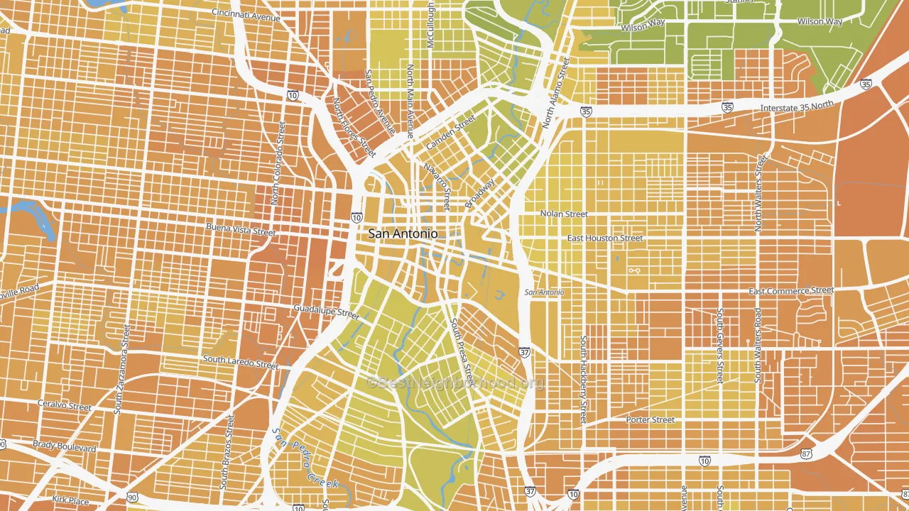 Map of the best neighborhoods in the 78205 area, with better matches in green and worse matches in red