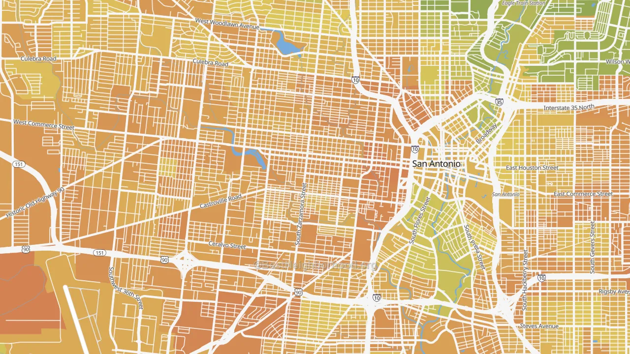 Map of the best neighborhoods in the 78207 area, with better matches in green and worse matches in red