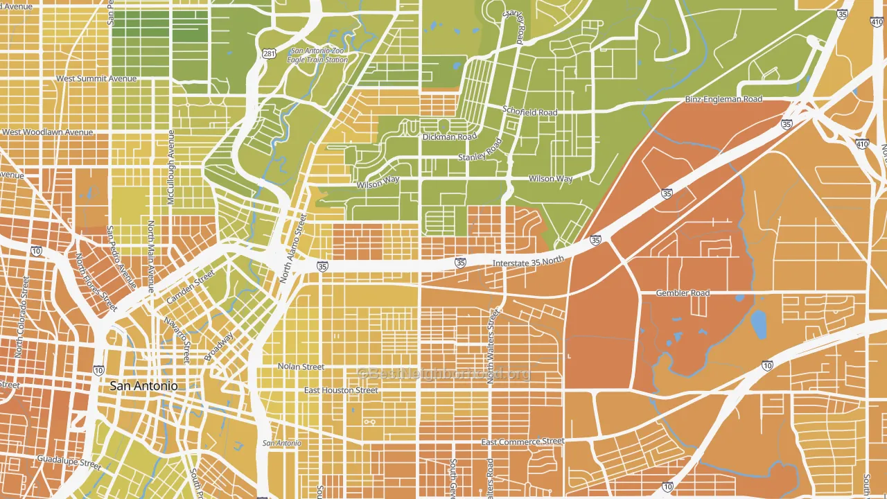 Map of the best neighborhoods in the 78208 area, with better matches in green and worse matches in red