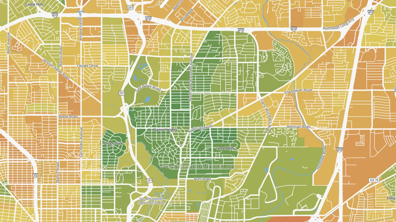 Map of the best neighborhoods in the 78209 area, with better matches in green and worse matches in red