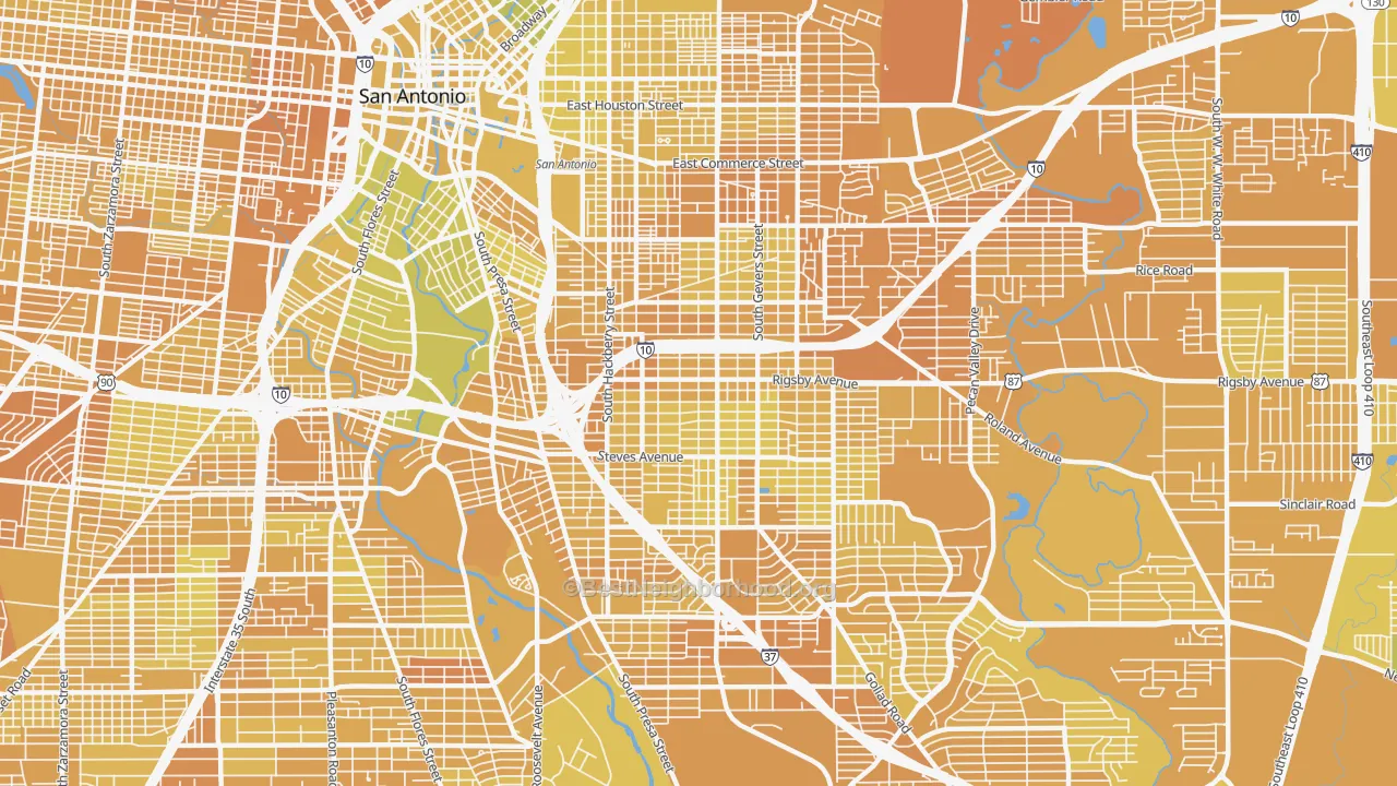 Map of the best neighborhoods in the 78210 area, with better matches in green and worse matches in red