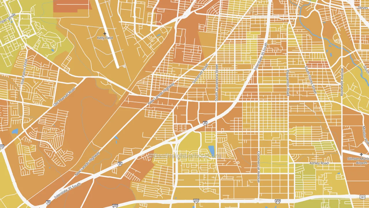 Map of the best neighborhoods in the 78211 area, with better matches in green and worse matches in red