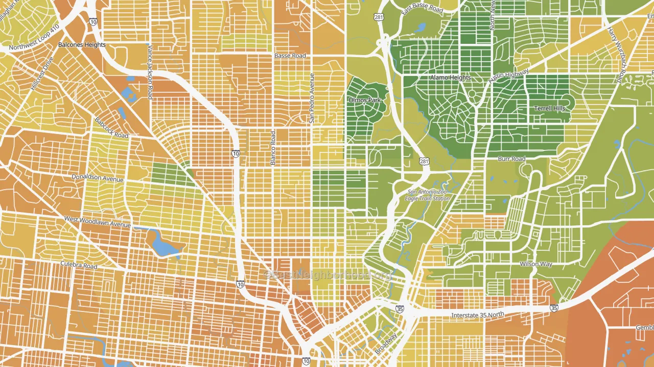Map of the best neighborhoods in the 78212 area, with better matches in green and worse matches in red