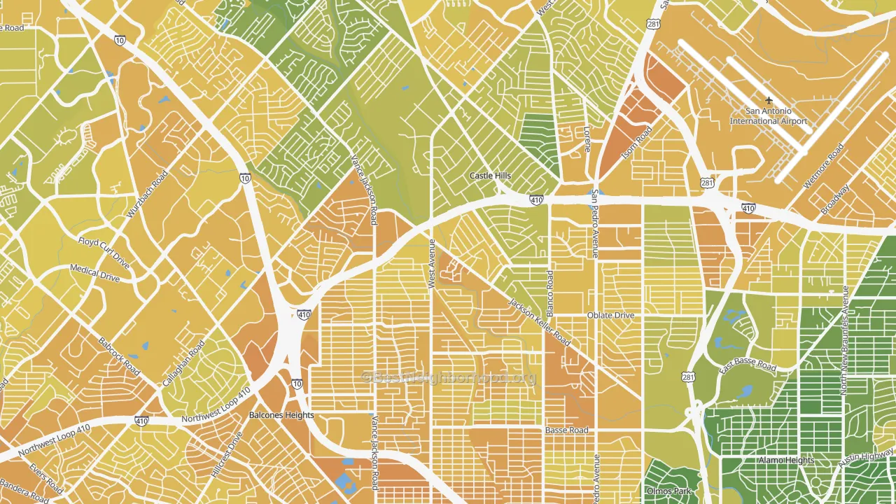Map of the best neighborhoods in the 78213 area, with better matches in green and worse matches in red