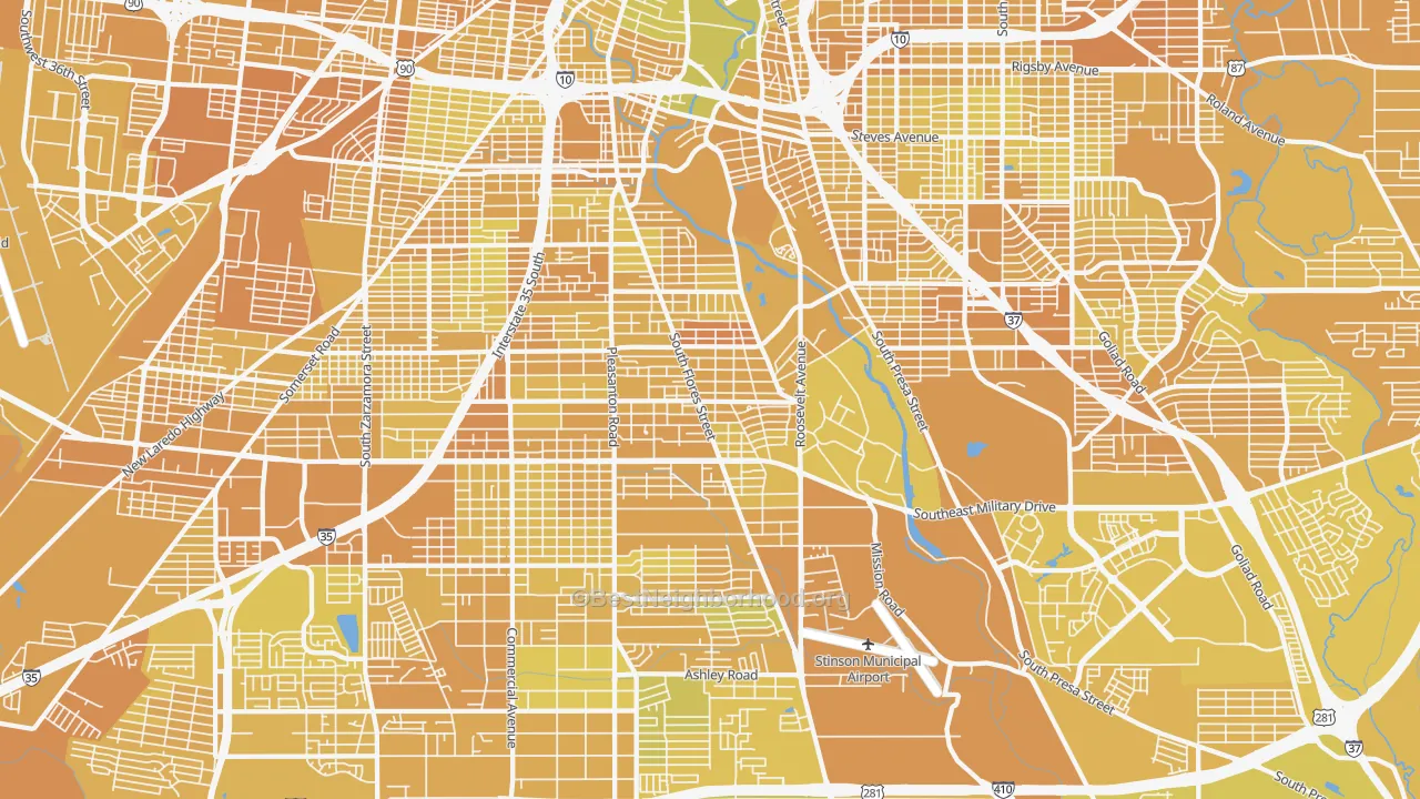 Map of the best neighborhoods in the 78214 area, with better matches in green and worse matches in red