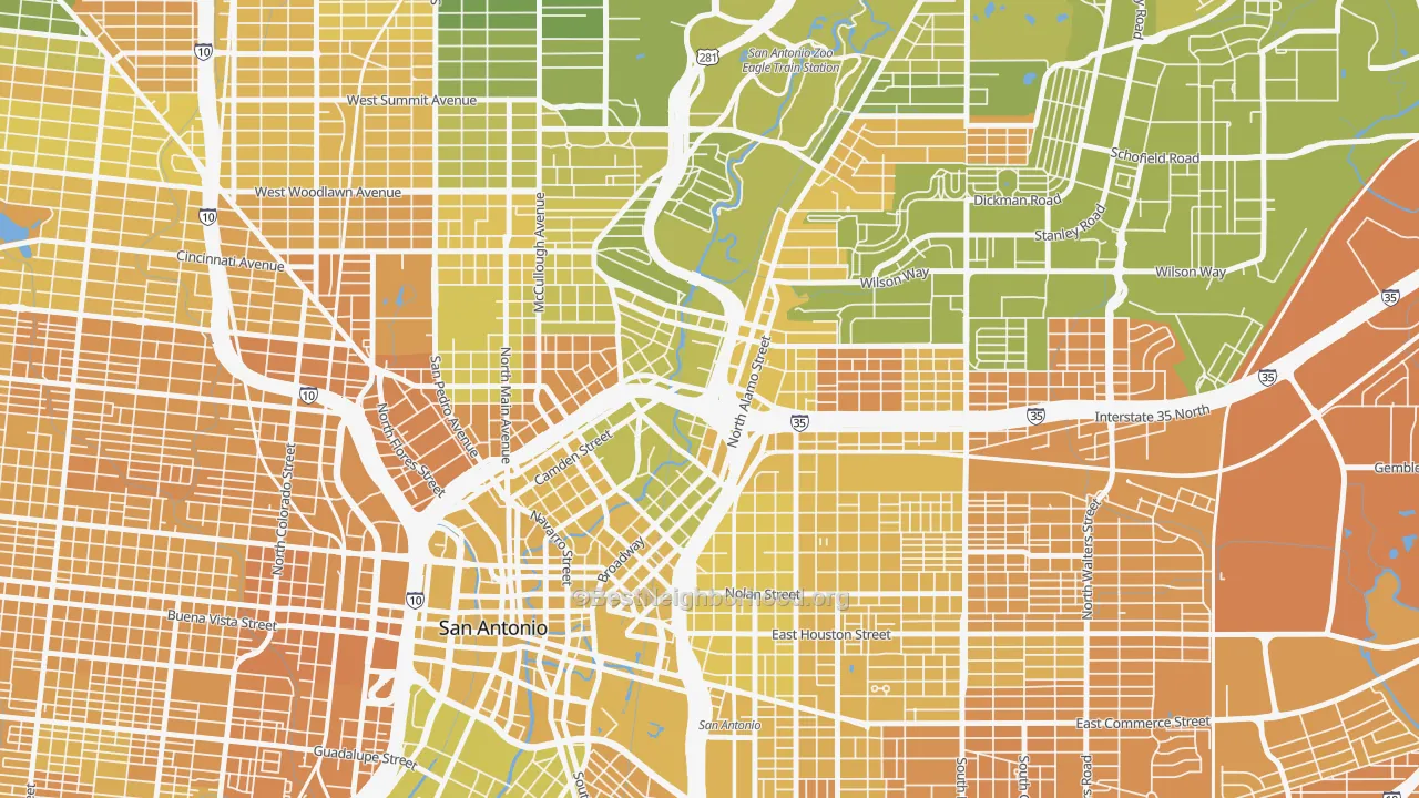 Map of the best neighborhoods in the 78215 area, with better matches in green and worse matches in red