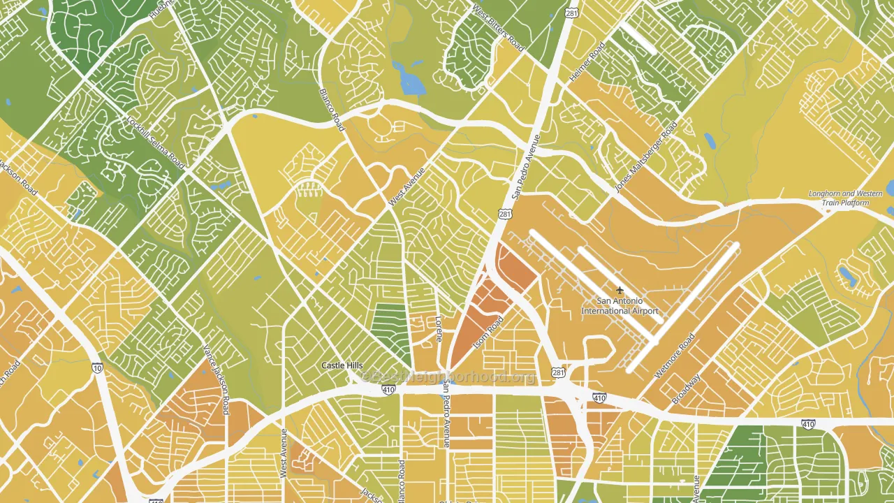 Map of the best neighborhoods in the 78216 area, with better matches in green and worse matches in red