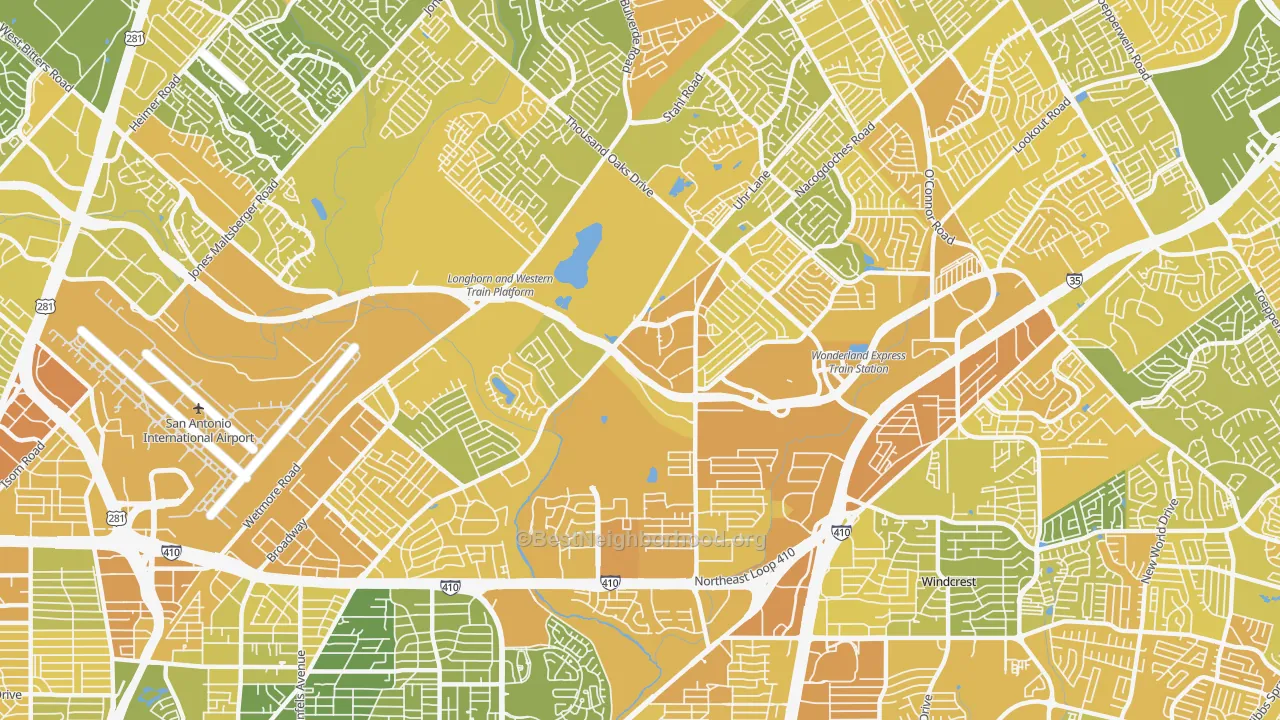 Map of the best neighborhoods in the 78217 area, with better matches in green and worse matches in red