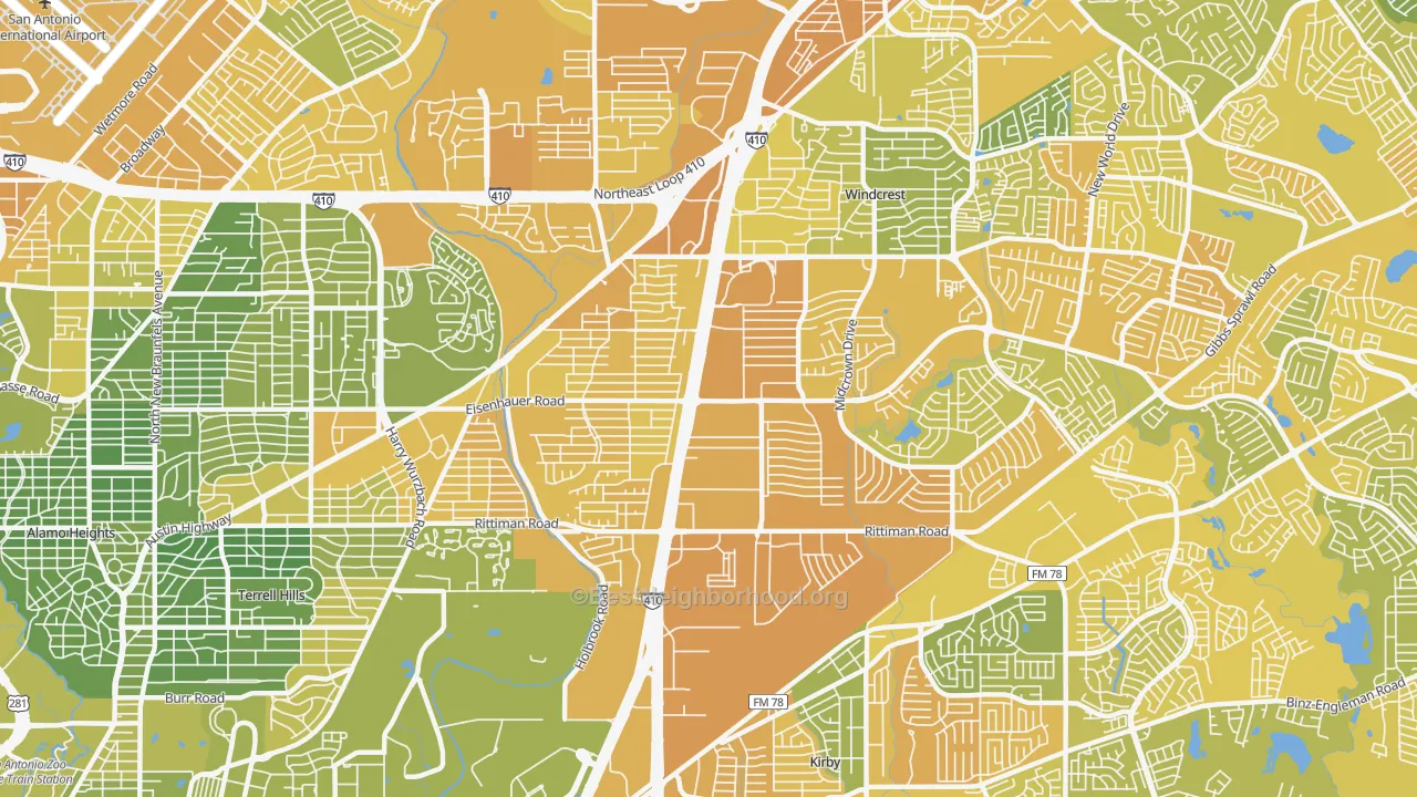 Map of the best neighborhoods in the 78218 area, with better matches in green and worse matches in red