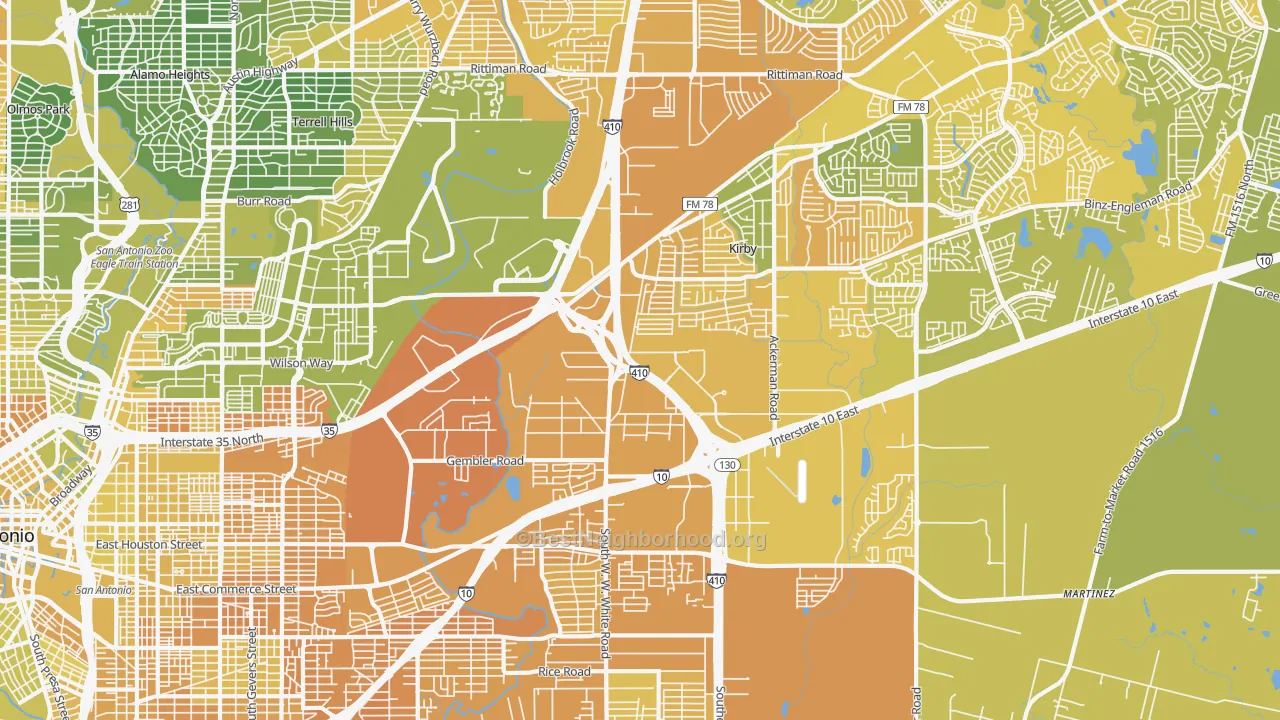 Map of the best neighborhoods in the 78219 area, with better matches in green and worse matches in red