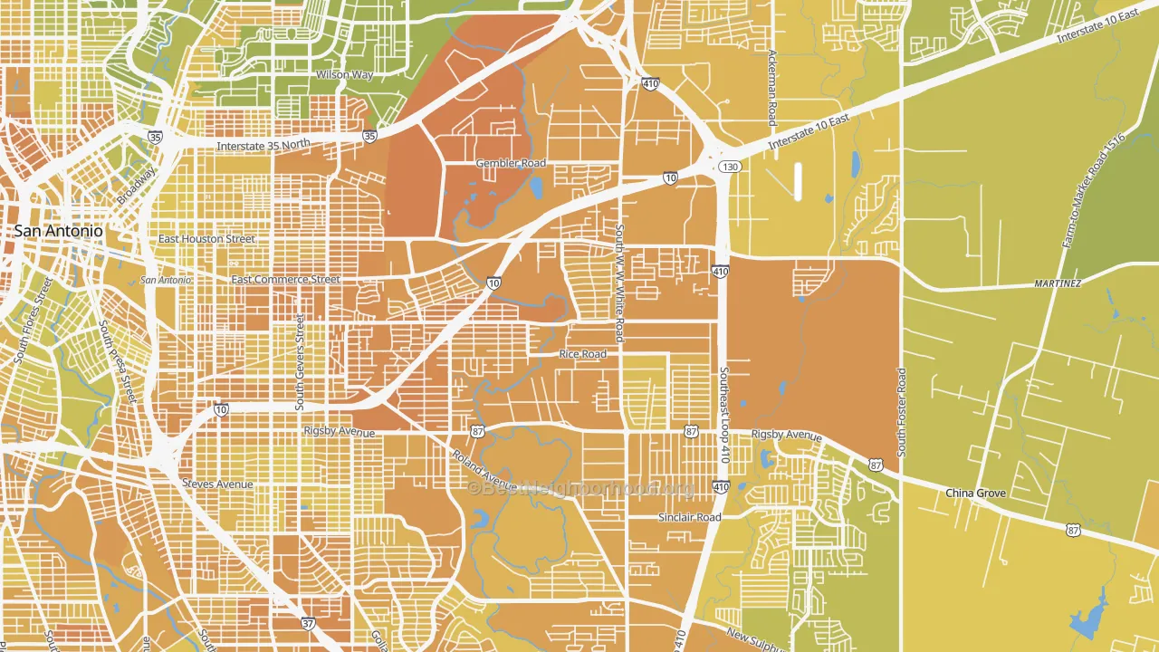 Map of the best neighborhoods in the 78220 area, with better matches in green and worse matches in red