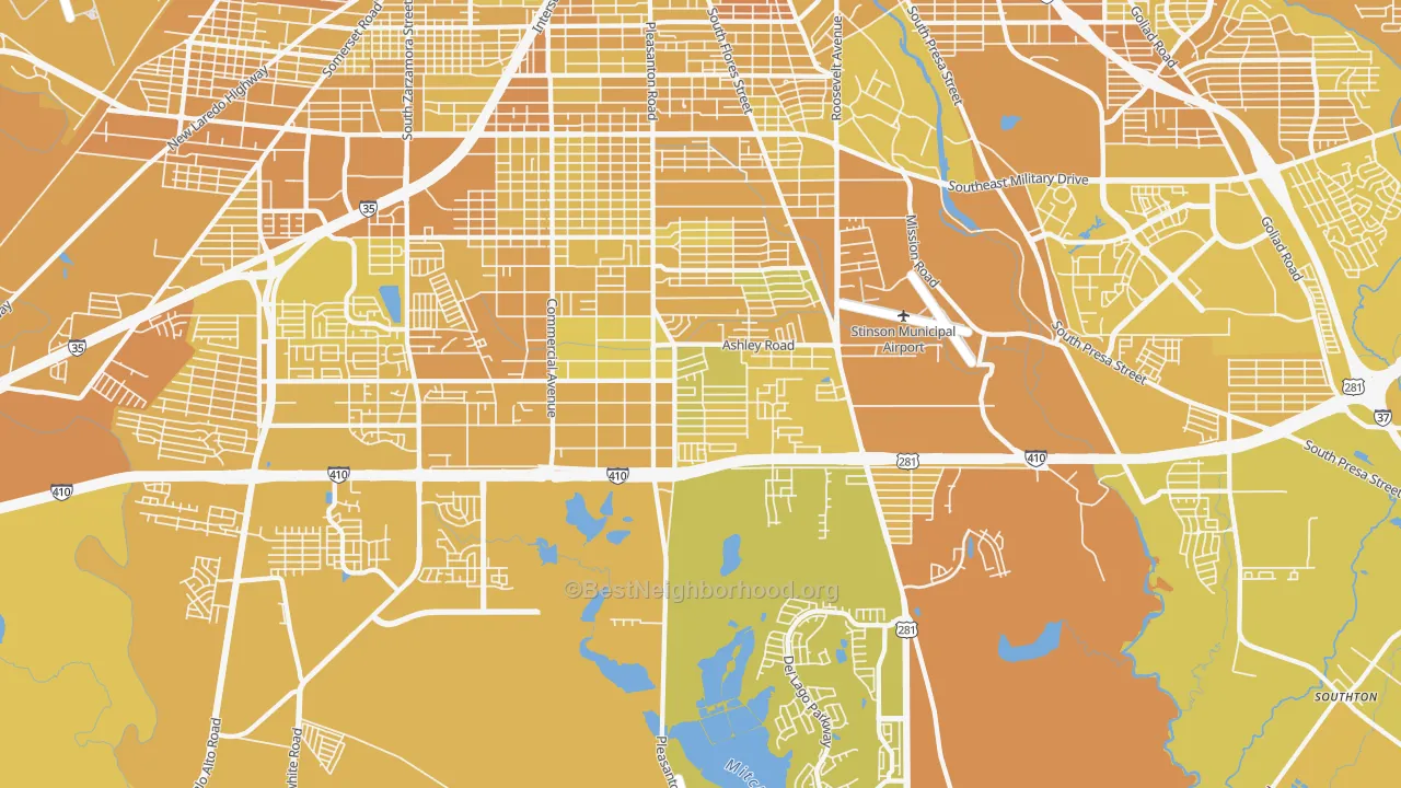 Map of the best neighborhoods in the 78221 area, with better matches in green and worse matches in red