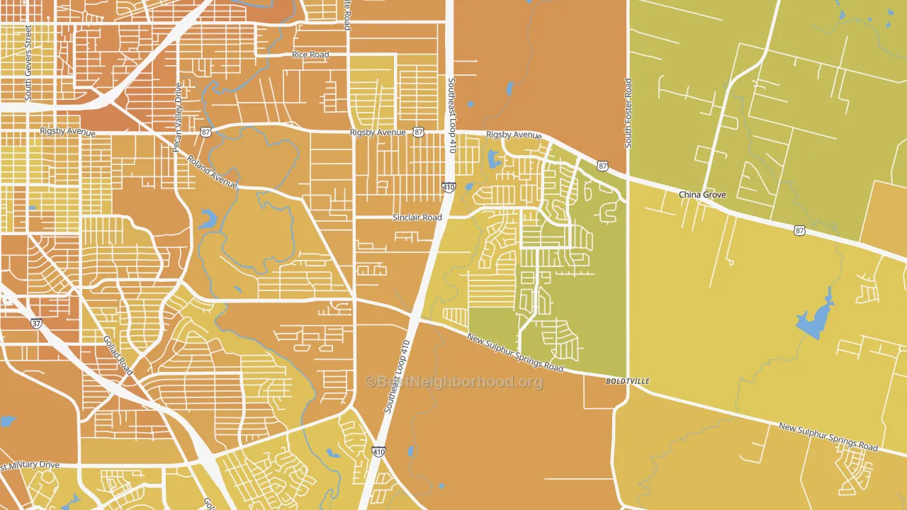 Map of the best neighborhoods in the 78222 area, with better matches in green and worse matches in red