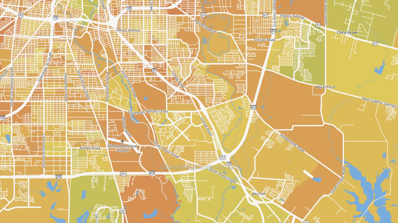 Map of the best neighborhoods in the 78223 area, with better matches in green and worse matches in red