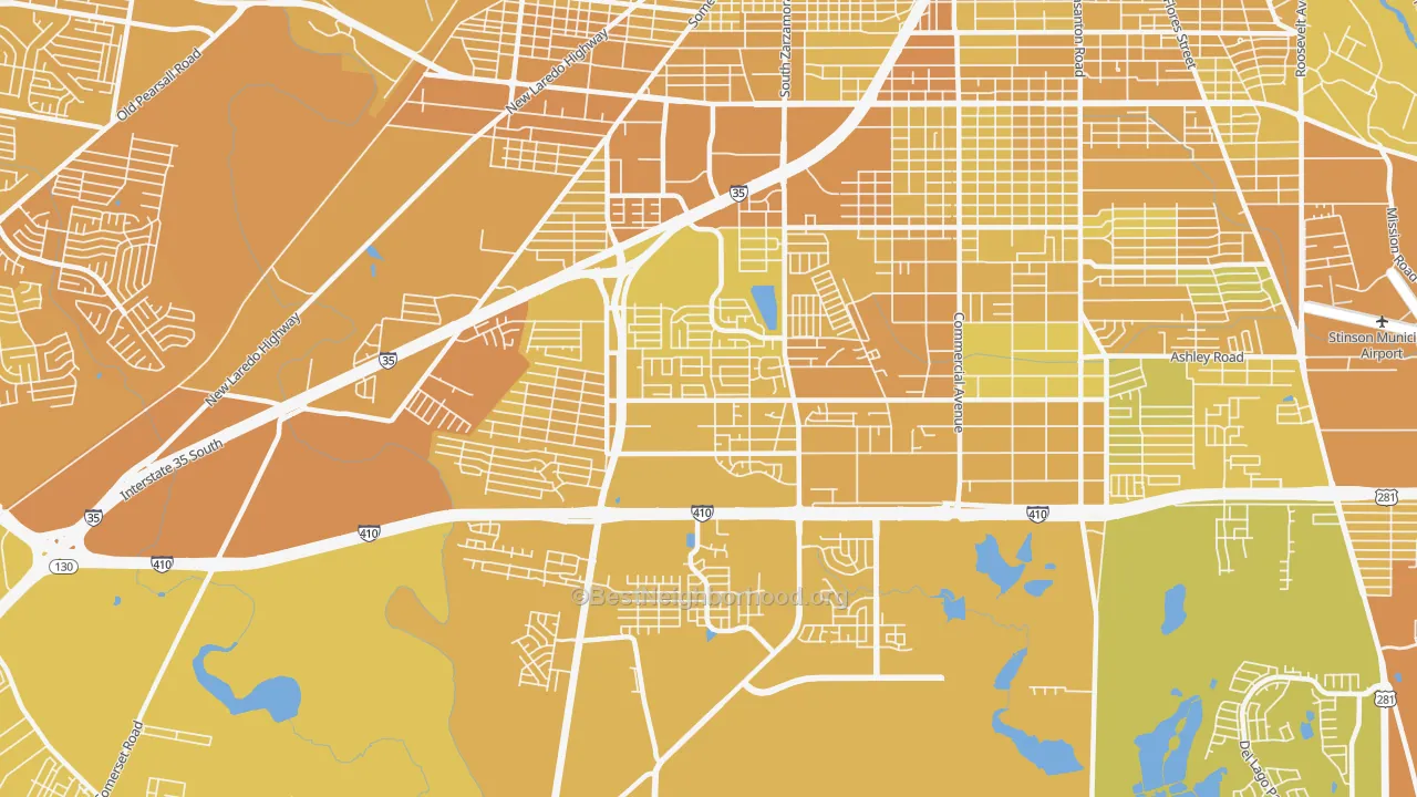Map of the best neighborhoods in the 78224 area, with better matches in green and worse matches in red